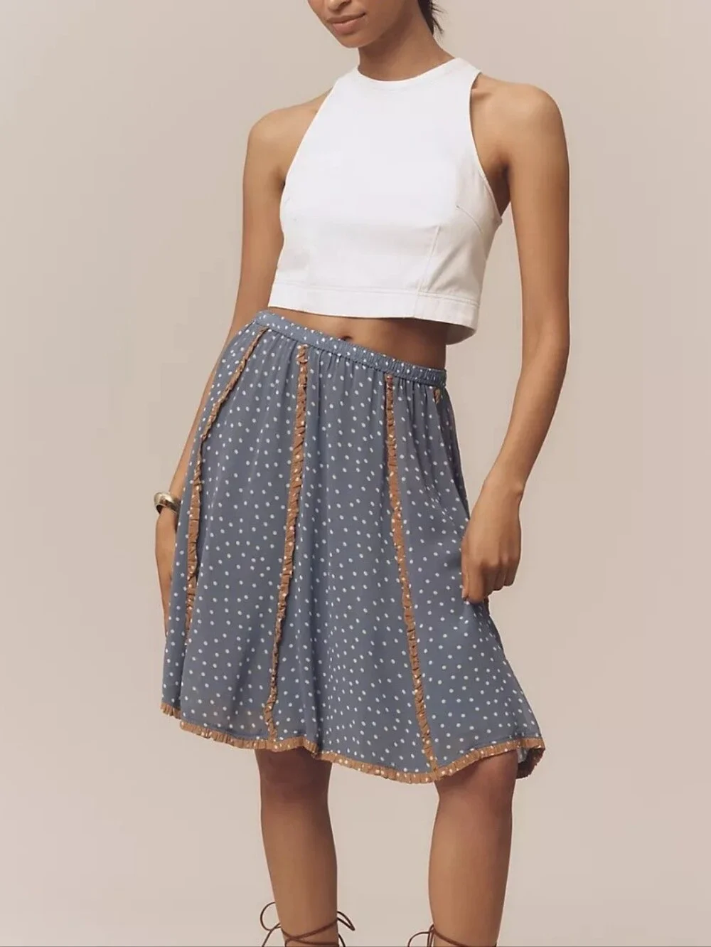 NWT Maeve Blue Polka Dot Knee-length Skirt with Brown Trim